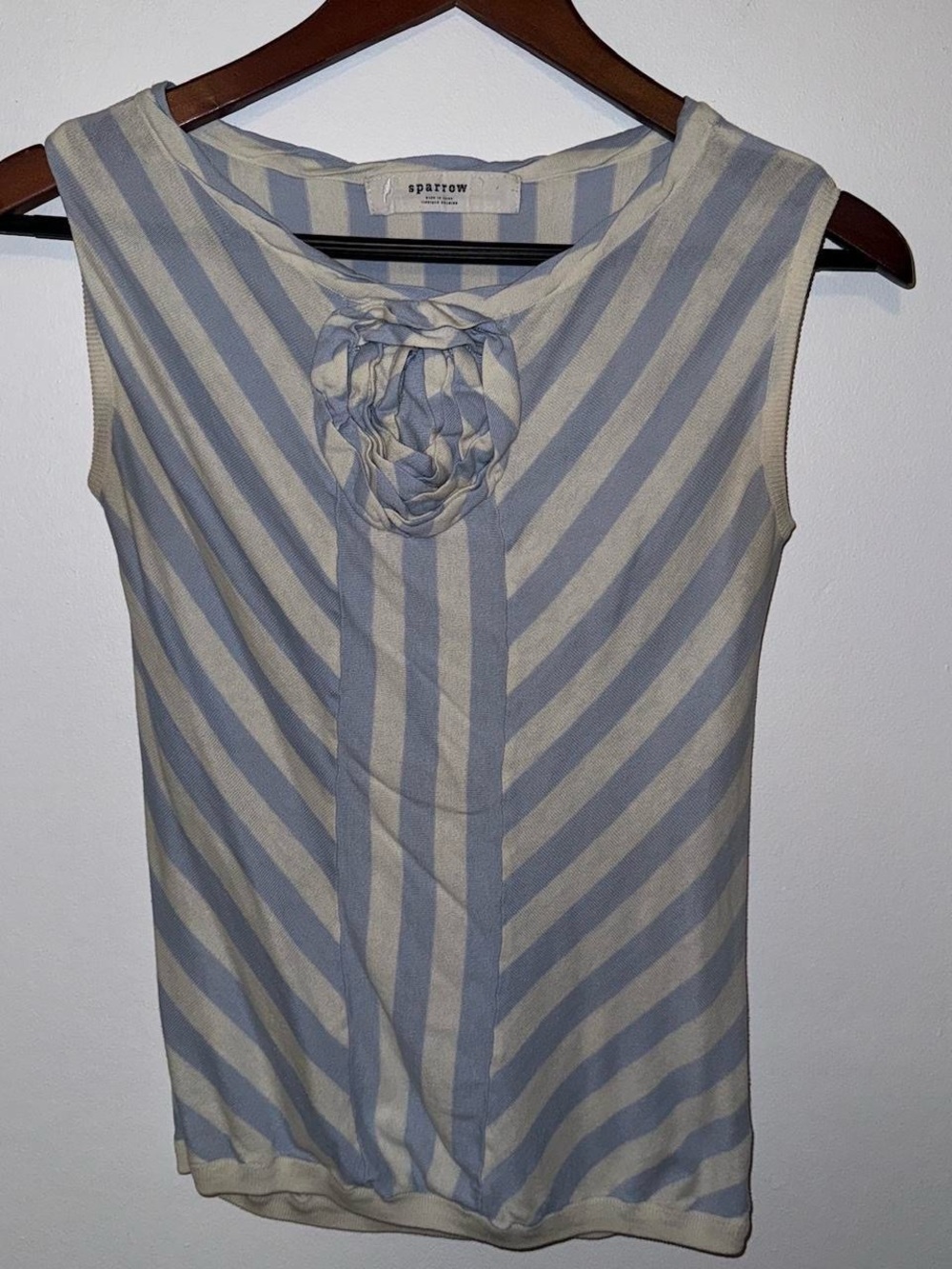 sparrow Blue & Cream Striped Sleeveless Knit Top with Rosette